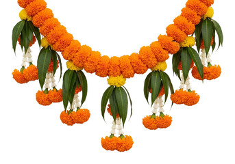 A decorations yellow, orange marigold flowers garland and mango leaves.