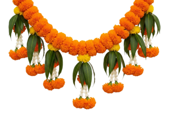 A decorations yellow, orange marigold flowers garland and mango leaves.