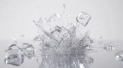 A Dynamic Splash of Water with Ice Cubes Creating Stunning Ripples and Droplets in a High-Speed Photography Setting on a Minimalist Background