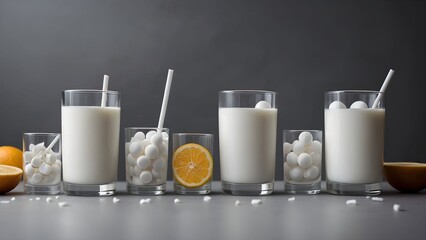 Unique presentation of different glasses filled with white liquid and small white balls against a dark background, featuring cut citrus fruit for added contrast Generative AI