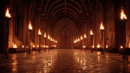 Obraz premium Fiery torches illuminate grand medieval hall majestic architecture dark ambiance