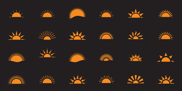 Sun rise set, sunset vector icons, sunburst rays collection