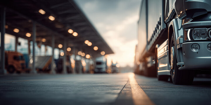 Semi-Trucks Parked at a Loading Dock in Soft Morning Light