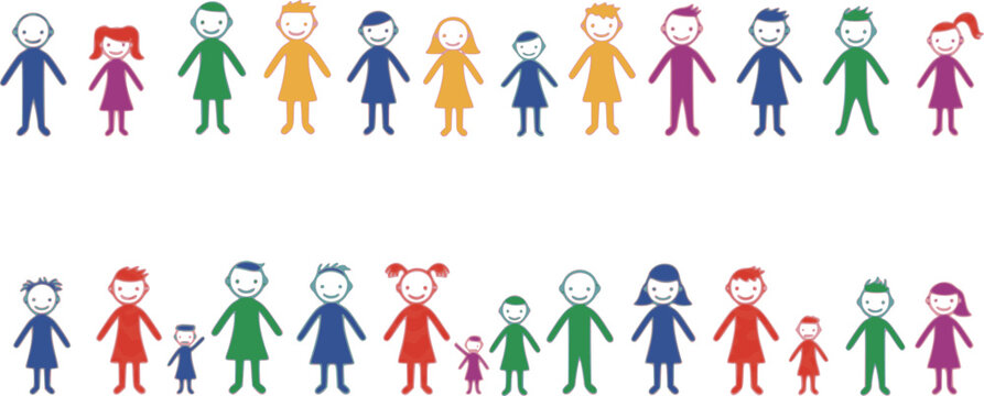 Vector illustration of colorful male and female stick figures, children standing in rows holding hands isolated on white background
