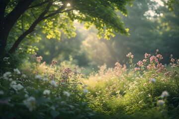 Obraz premium Sunlit Meadow Background with Bright Green.