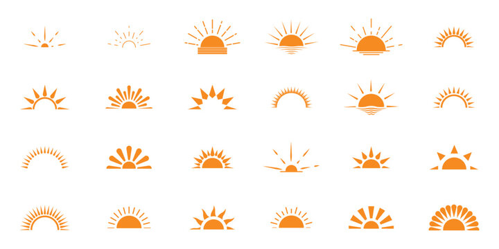 Sun rise set, sunset vector icons, sunburst rays collection