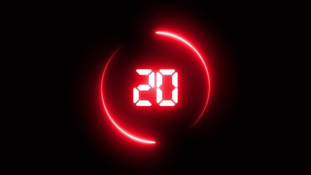Glowing neon circle countdown timer 25 seconds animation isolated on black background