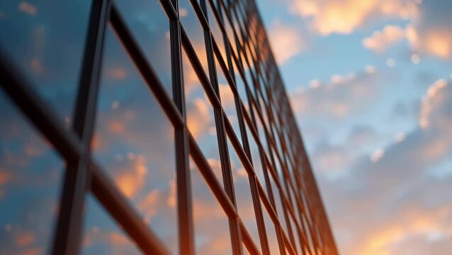 The facade of a glass office building reflecting a beautiful sunset sky. A concept of urban development and business success. Scene for real estate or financial service promotions
