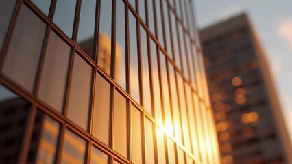 A modern office building with sunset reflecting in the glass windows. A concept for the corporate world and financial districts. Use for business news or company profiles - Powered by Adobe