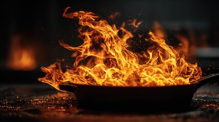 Fiery Pan Intense Flames Cooking Fire Danger Hot