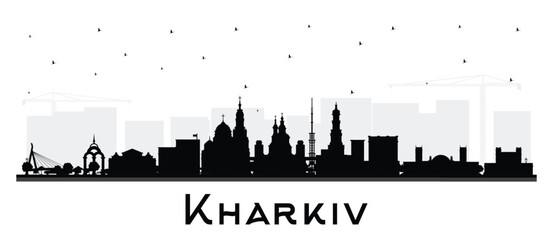 Kharkiv Ukraine City Skyline silhouette with black Buildings isolated on white. Kharkiv Cityscape with Landmarks. Business Travel and Tourism Concept with Historic Architecture.