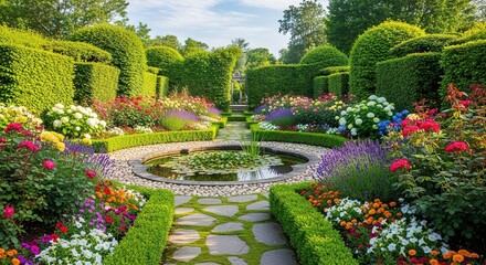 Serene Garden with Circular Pond and Stone Path