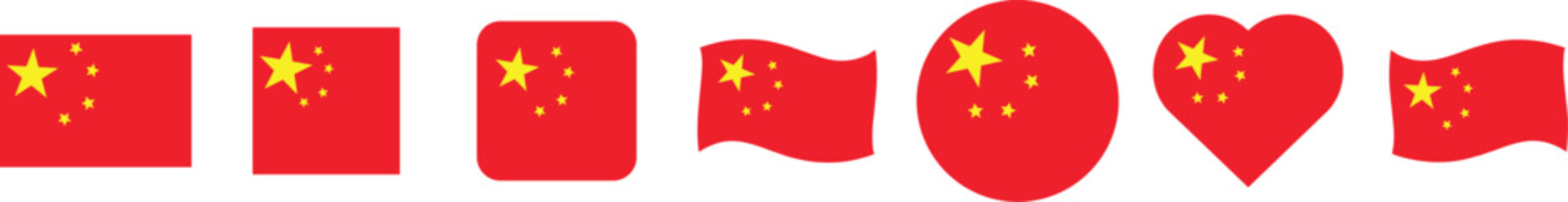 Chinese flags set in square, heart, circle and waving formats designs element. Vector UI, logo, app flag design.