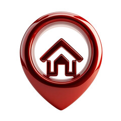 Red glossy map pin with house icon isolated on transparent background
