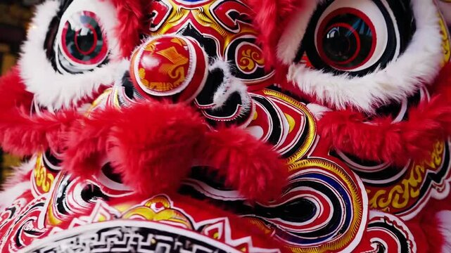 Vibrant Chinese New Year Advertisement Showcasing Traditional Festive Elements Through Floral Aperture in Scarlet Partition Unveiling Gilded Surface Featuring Calligraphy Scroll, Festive Mask, and Py