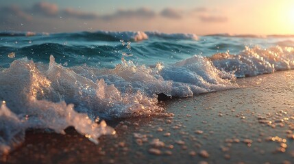 Fototapeta premium Ocean wave crashing on sandy beach at sunset golden hour