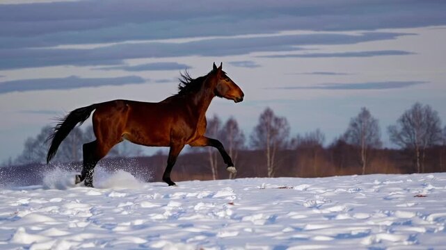 Majestic Chestnut Equine Galloping Across Snow-Covered Terrain During the Cold Season