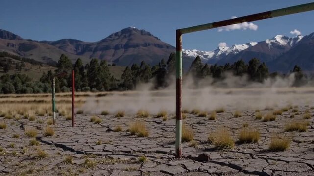 Deserted Football Pitch in Rustic Rural Setting with Arid Vegetation