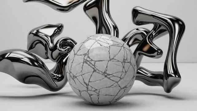 Three-Dimensionally Rendered Abstract Artistic Representation of Surreal Spherical Object Made from Marble with Smooth Curved Bio-Morphic Forms in Matte Metallic Finish on White Surface