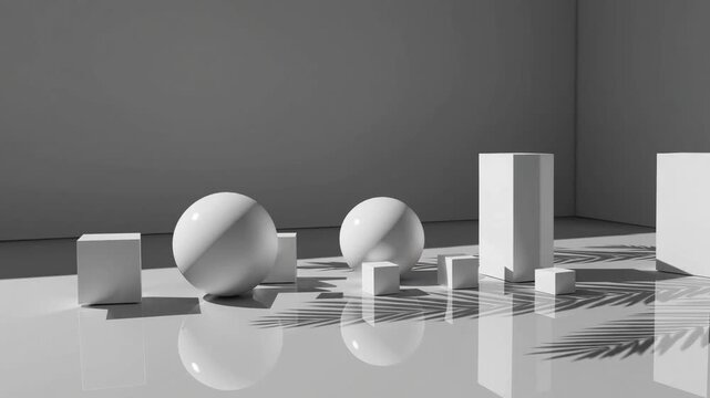 Three-dimensional generated environment containing mathematical forms and raised platform for merchandise demonstration