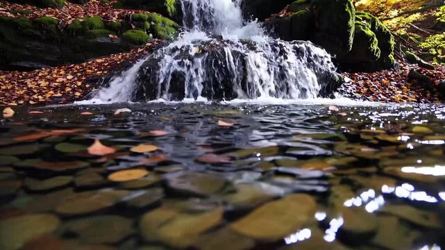 seasonal cascade of water concealed within wooded area, offering peaceful atmosphere where the gentle noises of falling water merge with the calm of the natural world