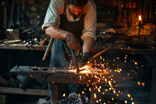 Blacksmith forging metal in traditional artisan forge with glowing coals and sparks
