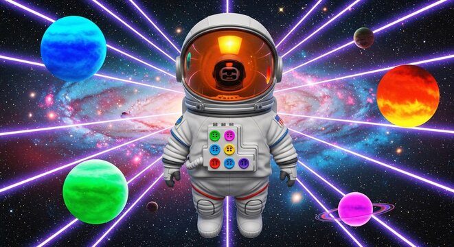 Astronaut in Space, Colorful Planets, and Lights.