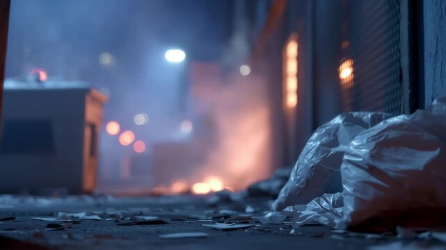 A dirty city alley at night with trash and smoke. An atmospheric scene for crime, mystery, or social issue themes. Use for film noir projects