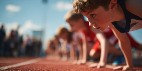 Determined young boy poised at the starting line of a race