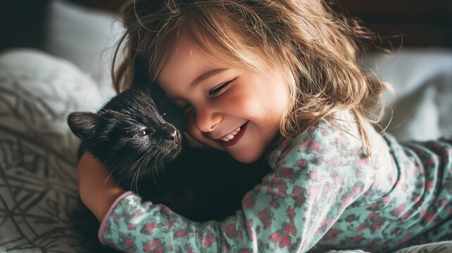 Young girl with a big smile embraces her black cat in a peaceful home environment.