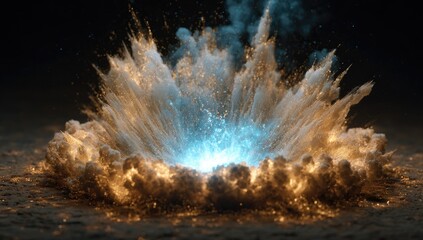 A vibrant, swirling explosion of white and gold dust erupts from a central, bright blue core, creating a visually striking and dynamic scene against a dark background. 