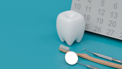 white tooth with dental tool and calendar on blue background. dental health care.