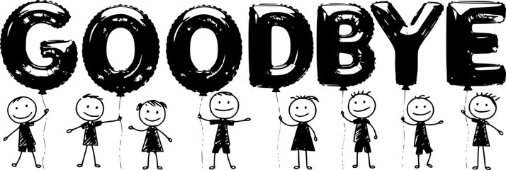 GOODBYE smiling stick figures holding golden balloon letters
