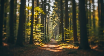 Naklejka premium Sunlit Forest Path with Golden Leaves and Blurred Foreground in