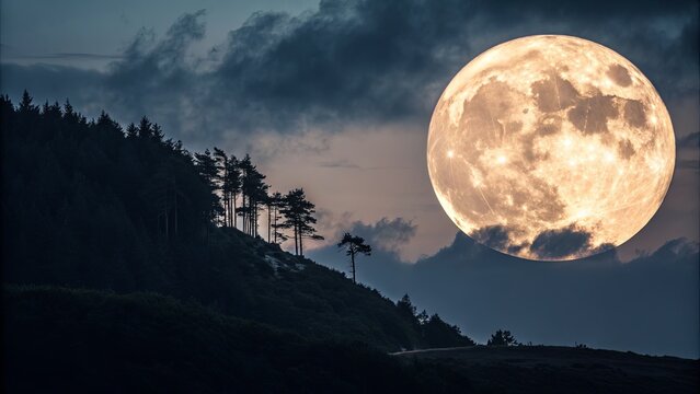 Scenic full moon behind silhouette of forest trees, symbolic in Indian festivals like Karwa Chauth and Pitru Paksha.