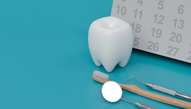 white tooth with dental tool and calendar on blue background. dental health care.