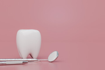 white tooth with dental tools on pink background dental health care concept.