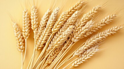 Beautiful Arrangement of Golden Wheat Ears on a Soft Yellow Background Showcasing the Natural Texture and Color of Agricultural Crops Ideal for Seasonal and Culinary Themes