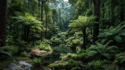 Fototapeta premium Serene Rainforest Pool Lush Green Ferns Tranquil Nature