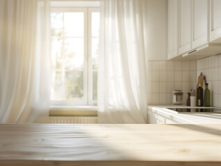 Fototapeta premium Empty wooden tabletop with blurred kitchen background with windows with white curtain