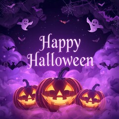 Halloween party banner invitation background pumpkins violet fog spooky illustration