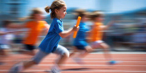 Dynamic side view of a young girl running in a children's relay race.
