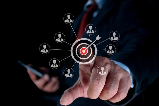Target icon connection linkage with a human icon for customer focus target group and customer relation management concept.