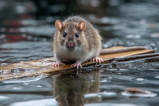 Closeup Rat on Wood Floating in Flood Water &ndash; Urban Disaster Concept