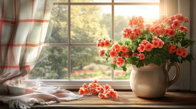 Beautiful blooming geranium flowers in a white pot placed on a rustic wooden window sill, bathed in warm sunlight with a serene outdoor garden view in the background. - Powered by Adobe