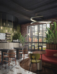 Stylish modern cafe interior with wooden furniture, green plants, pendant lights, large windows and cozy seating. Trendy coffee shop design.