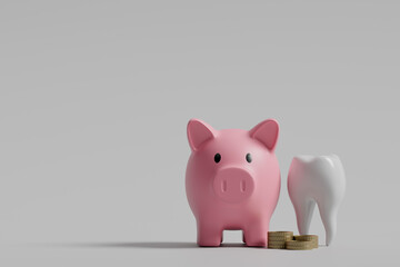Tooth with piggy bank and coins, symbol of dental treatment expenses