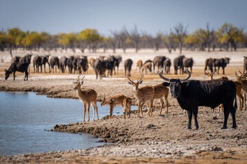 Obraz premium Wild Animals and Cattle Drinking Water in Drought-Affected Savanna