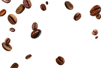 Roasted coffee beans falling against white background