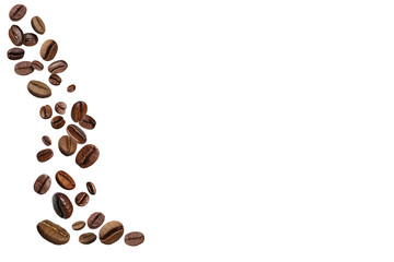 Roasted coffee beans falling onto white background